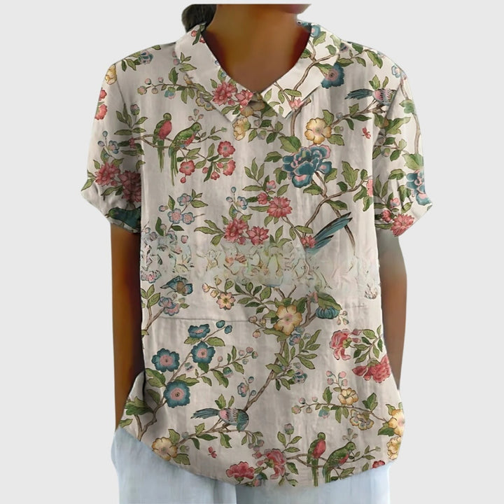 Blusa de lino para mujer con cuello y manga corta, estilo floral y casual de verano.