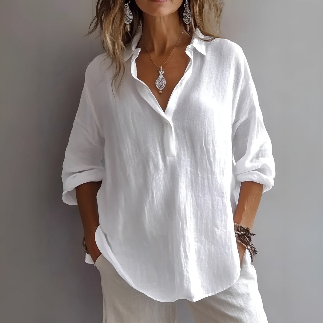 Blusa holgada elegante para mujer, cuello V, mangas ajustables. Ideal moda casual de verano. Estilo fresco y cómodo.