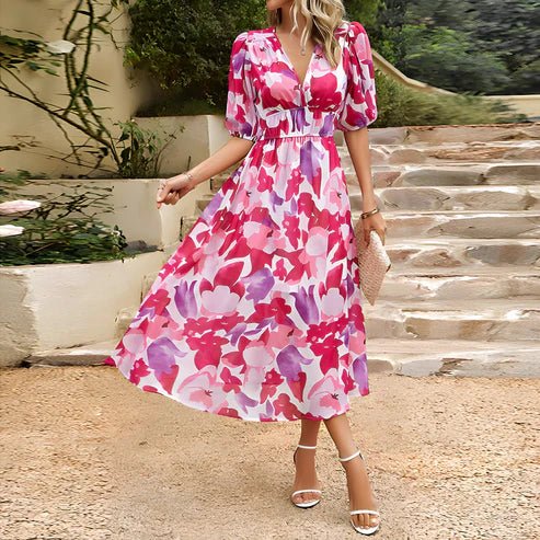 Vestido midi casual y elegante para mujer, con escote en V y manga abullonada.