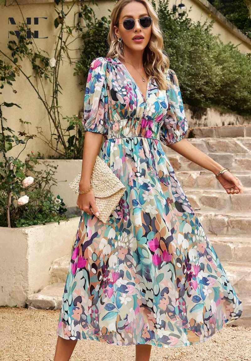 Vestido de mujer midi multicolor, con mangas abullonadas y escote V. Moda casual para verano.