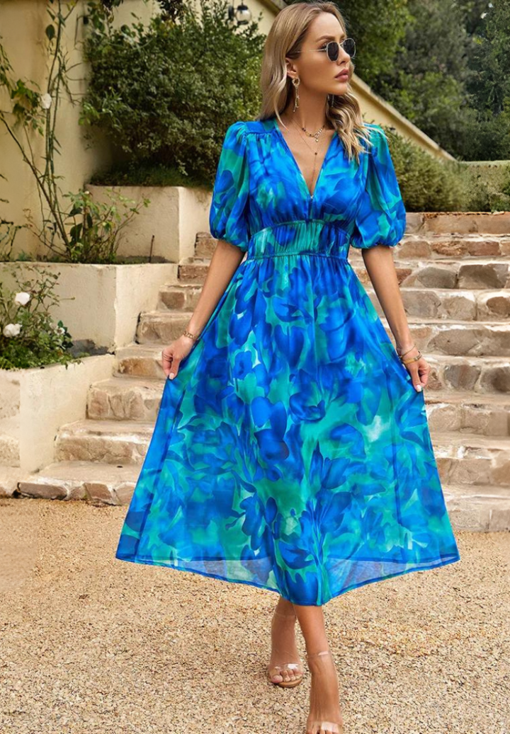 Vestido midi de fiesta para mujer, con elegantes mangas abullonadas y escote V pronunciado.
