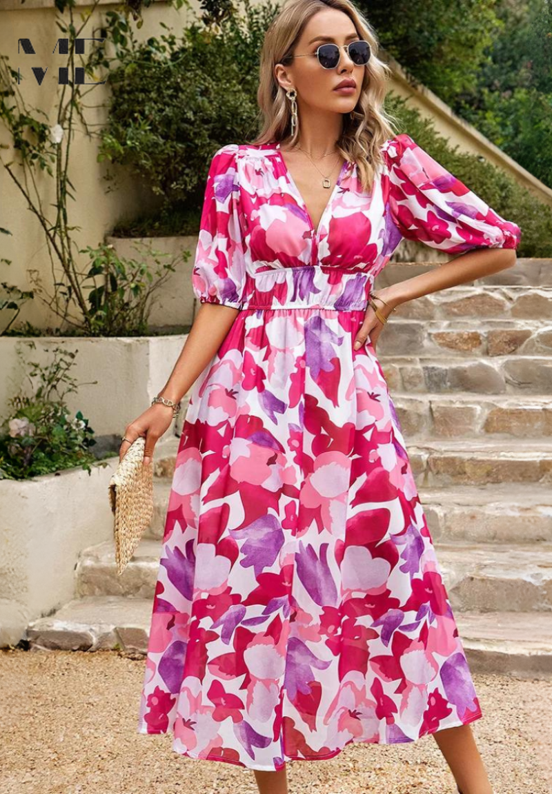 Vestido de moda mujer midi multicolor, con mangas abullonadas. Versátil para verano o fiesta.