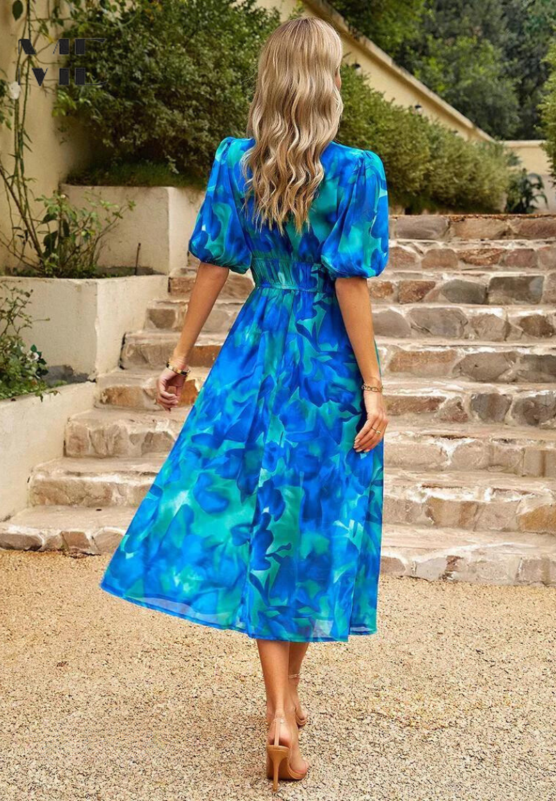 Vestido casual midi rosa para mujer, con mangas abullonadas, estilo cómodo y de moda.