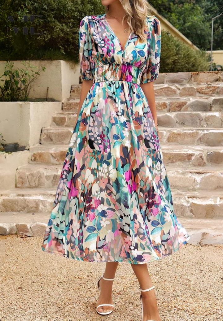 Vestido elegante midi negro para mujer, con mangas abullonadas y escote V. Ideal para fiesta.