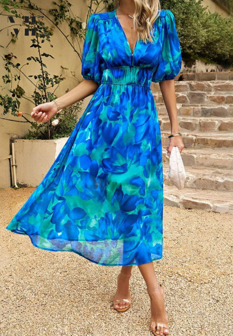 Vestido midi negro con escote V profundo y mangas abullonadas. Moda mujer, ideal para fiesta.
