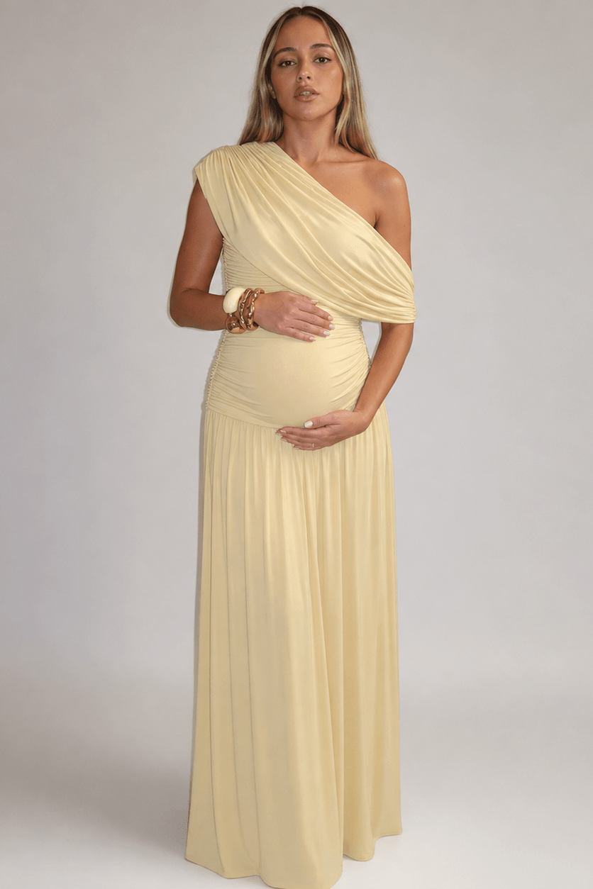 Vestido de fiesta premamá asimétrico para mujer embarazada, elegante y cómodo, ideal para eventos especiales.