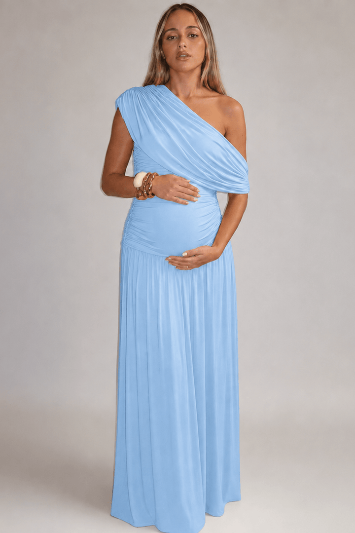 Vestido de maternidad largo asimétrico, muy cómodo y elegante para mujer embarazada en cualquier fiesta.