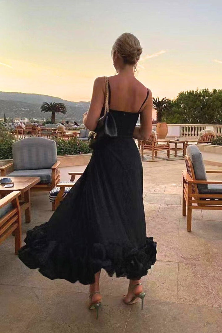 Vestido maxi de mujer con volantes, ideal para bodas, graduaciones y eventos de verano.