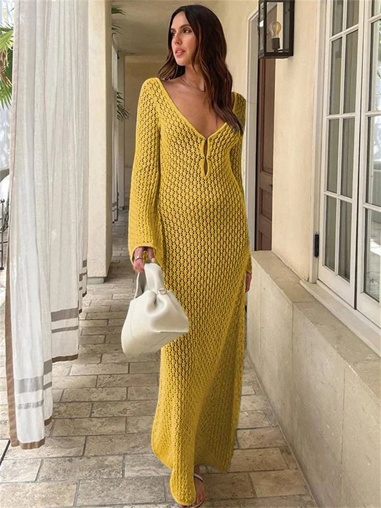 Precioso vestido largo de crochet para mujer, escote en V, estilo playero chic.