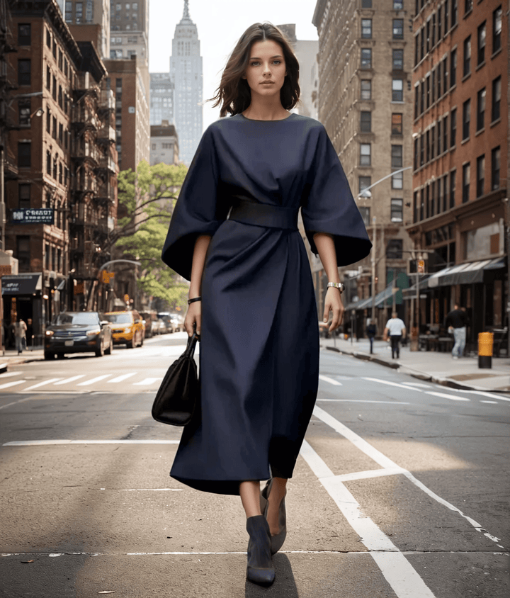 Moda femenina: Vestido midi elegante con distintivas mangas esculturales y cintura ajustable, perfecto para mujer.