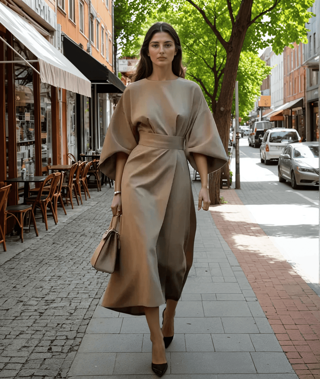 Vestido midi Sofía sofisticado, ideal para ocasiones especiales. Presenta mangas esculturales y tallas grandes.