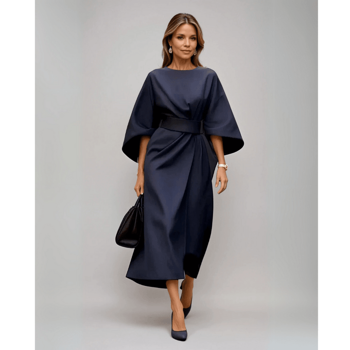 Vestido midi elegante Sofía para mujer con mangas esculturales, ideal para ocasión especial y estilo moderno.