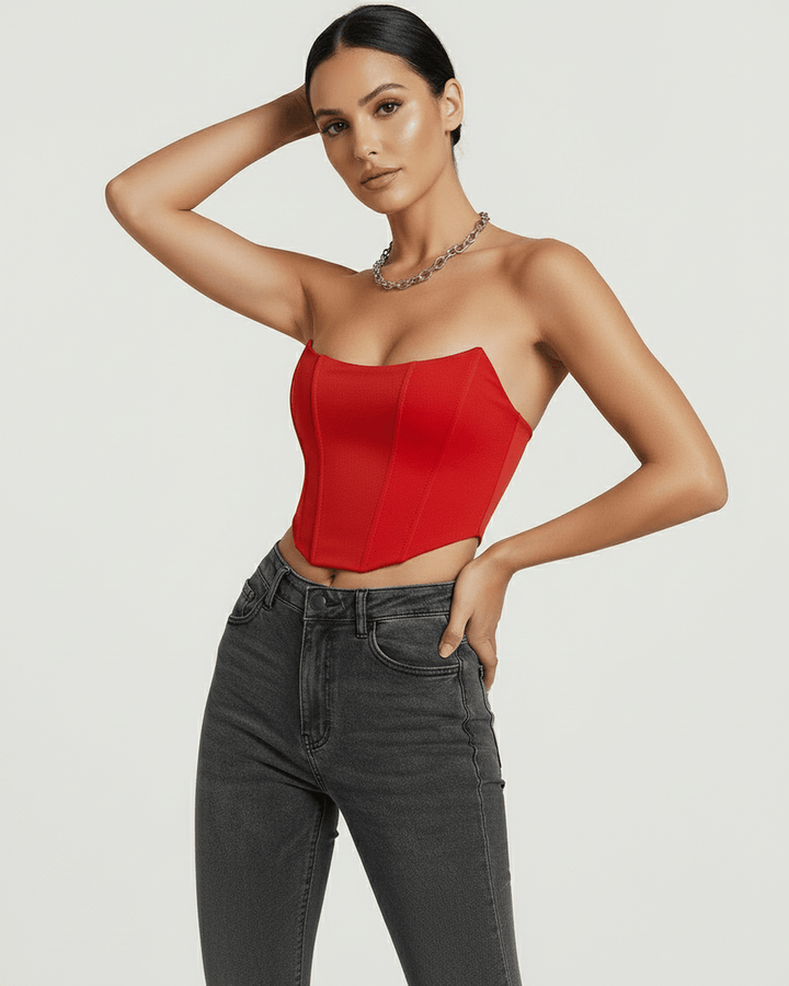 Elegante top corsé rojo Solara para mujer, ideal para fiesta y noche. Moda con estilo definido.