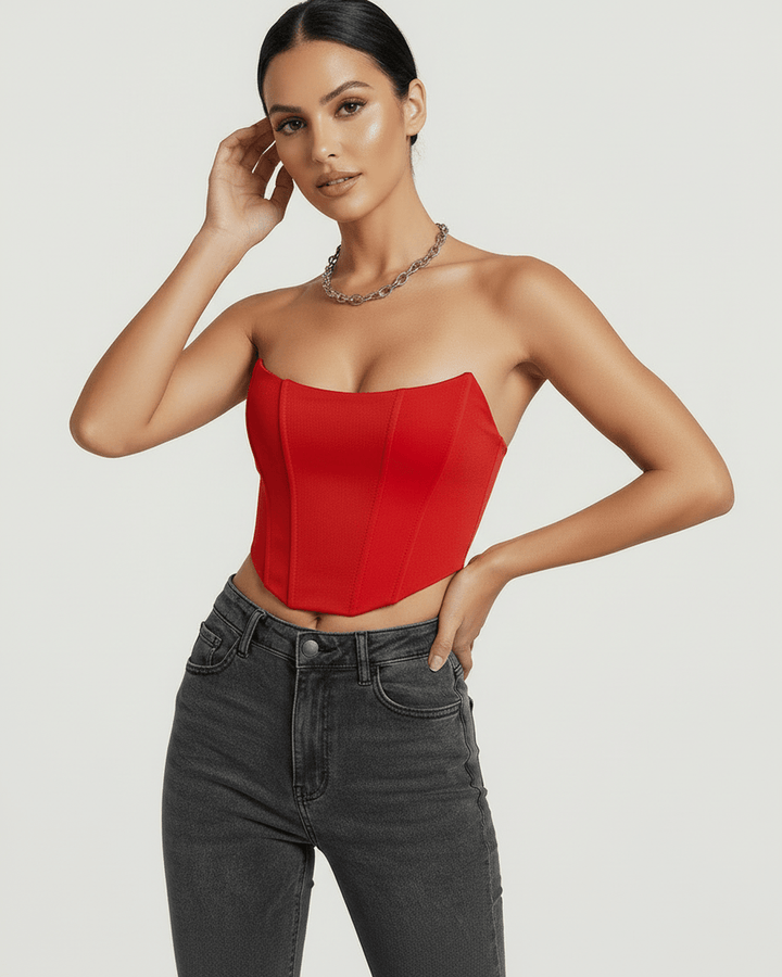 Top corsé Solara rojo elegante para mujer. Estilo definido, sin tirantes, ideal para ocasiones de noche.