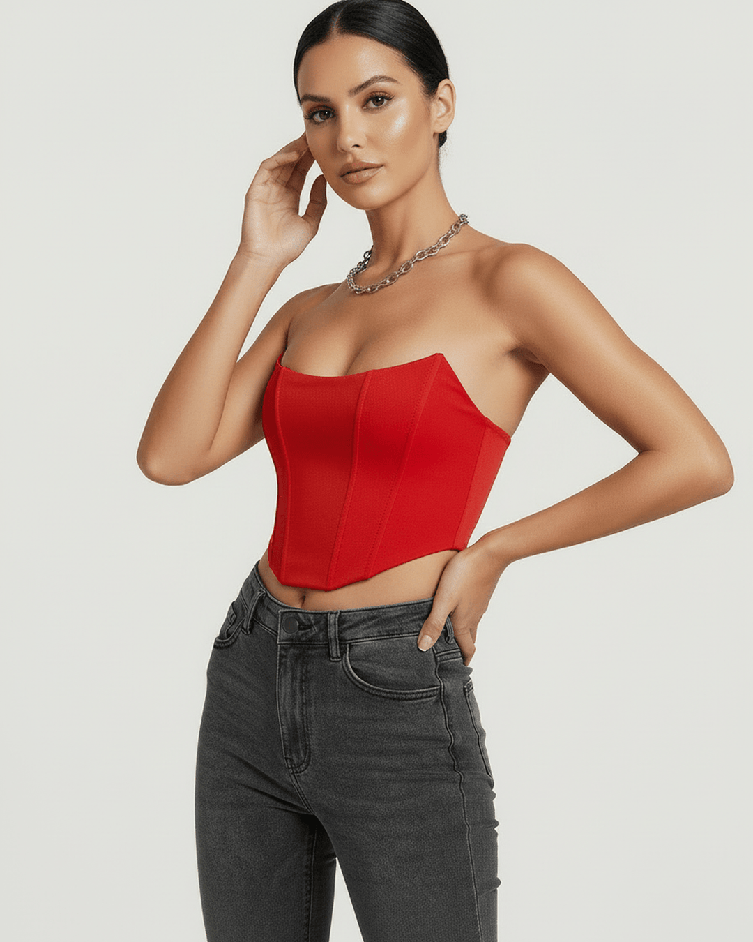 Top corsé Solara rojo intenso para mujer. Diseño elegante y estructurado, perfecto para fiesta y noche.