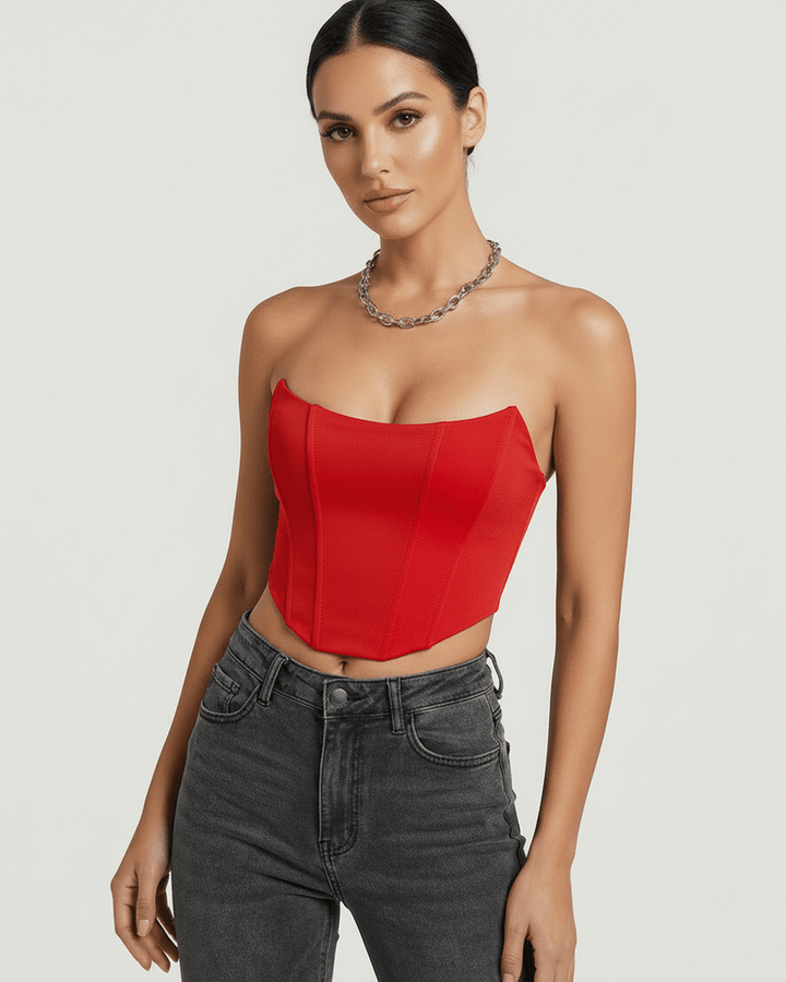 Top corsé Solara rojo para mujer, sin tirantes. Estilo elegante y estructurado para fiesta.
