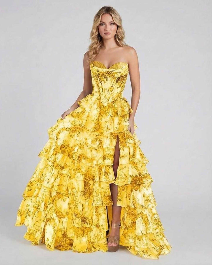 Elegante vestido maxi floral amarillo para mujer, perfecto para invitadas de boda y graduación.