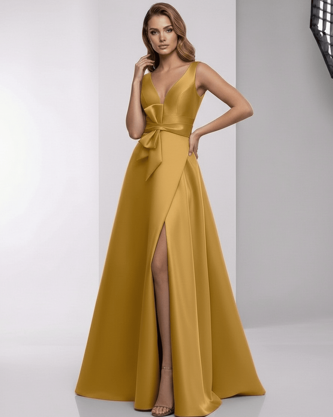 Vestido de gala blanco fluido con lazo para mujer, estilo Solenne Fluye, ideal para fiestas y eventos.