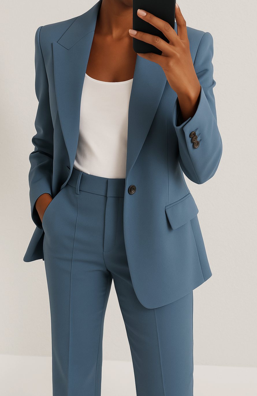 Conjunto sastre elegante para mujer. Blazer entallado y pantalón recto. Ideal para oficina y eventos profesionales.