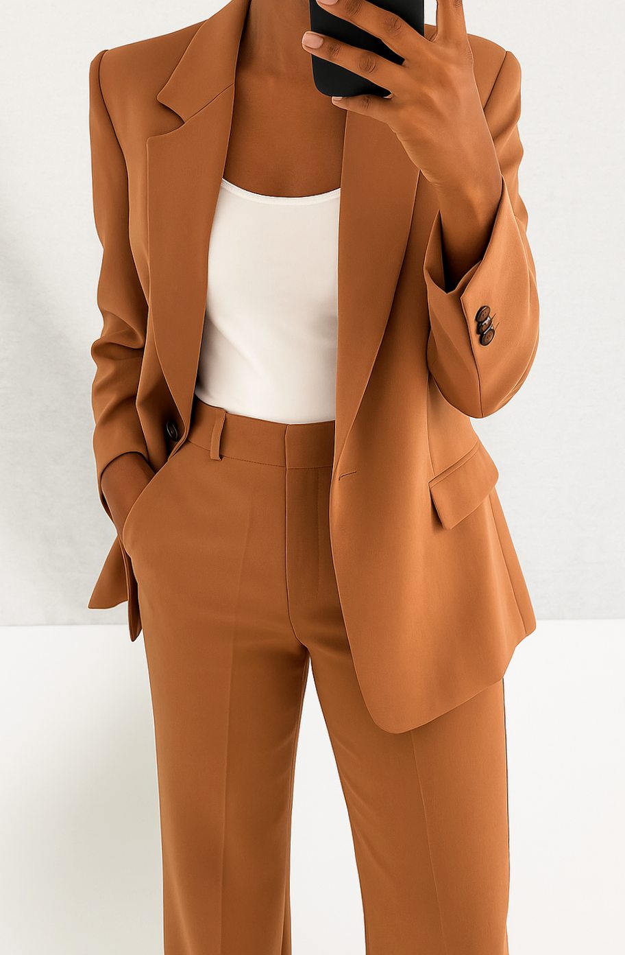 Traje de sastre moderno para mujer. Blazer entallado y pantalón recto. Perfecto para business casual y reuniones importantes.