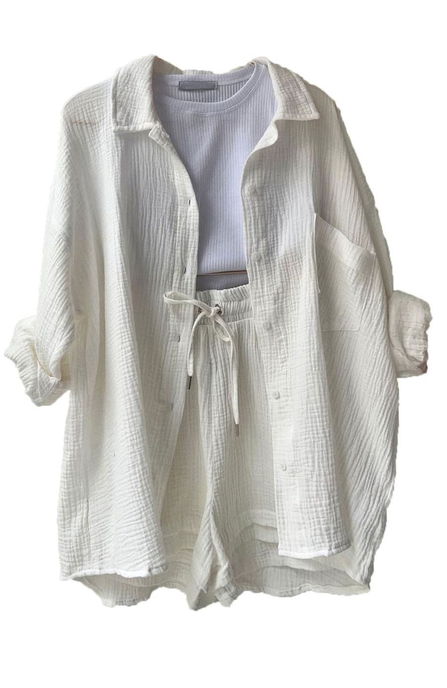 Comodidad y estilo: conjunto de camisa y shorts oversize para mujer, perfecto para el verano y la playa.