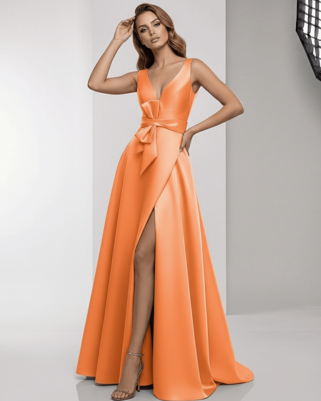 Moda femenina: vestido maxi naranja fluido y elegante, ideal para ocasiones formales.