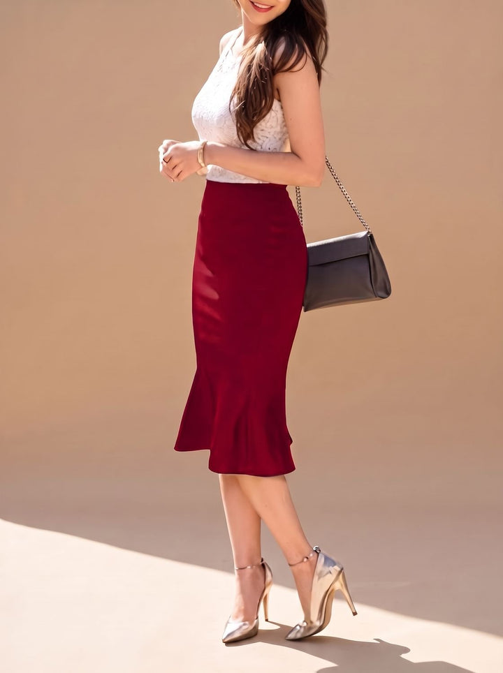 Falda sirena de talle alto para mujer, falda midi fishtail con volante, estilo sofisticado.