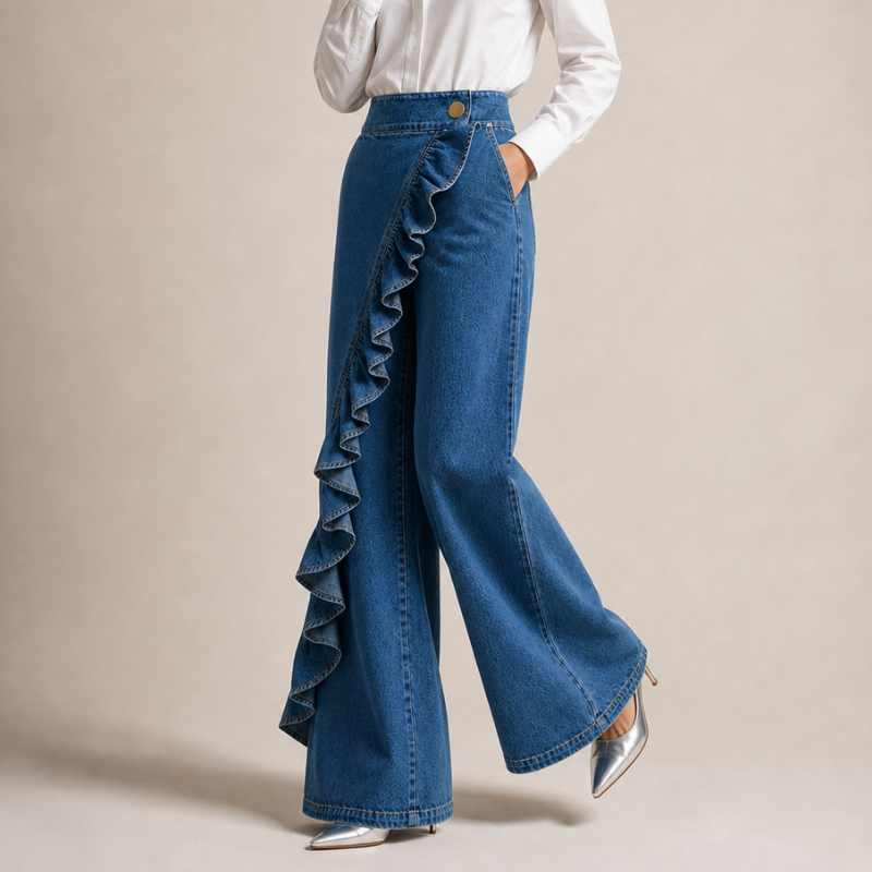 Pantalón ancho femenino con volantes, una opción moderna y versátil para un atuendo casual chic o formal.