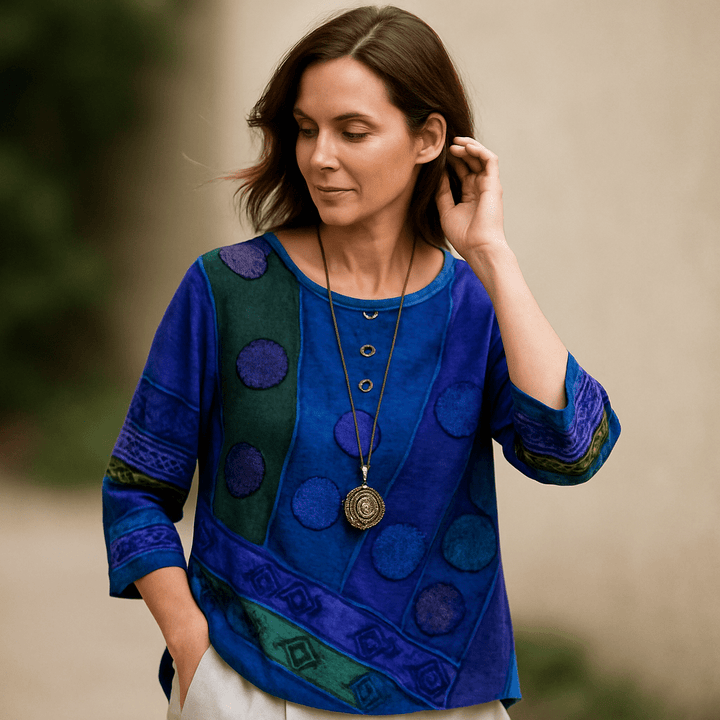 Blusa holgada mujer estilo bohemio retro, corte asimétrico. Ideal para tallas grandes, moda casual verano.