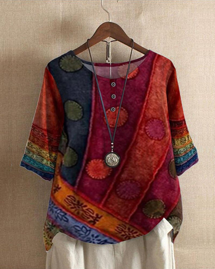 Blusa colorida holgada bohemia para mujer. Estilo retro de verano, estampado único y look casual elegante.