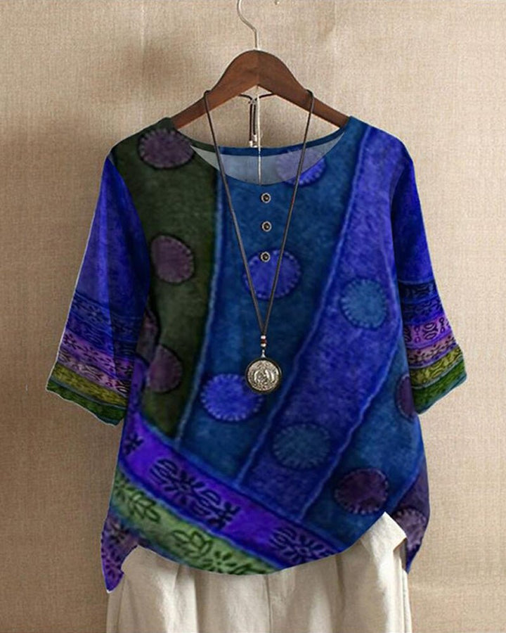 Blusa bohemia holgada de mujer, diseño retro estampado. Moda casual de verano, fresca y cómoda.
