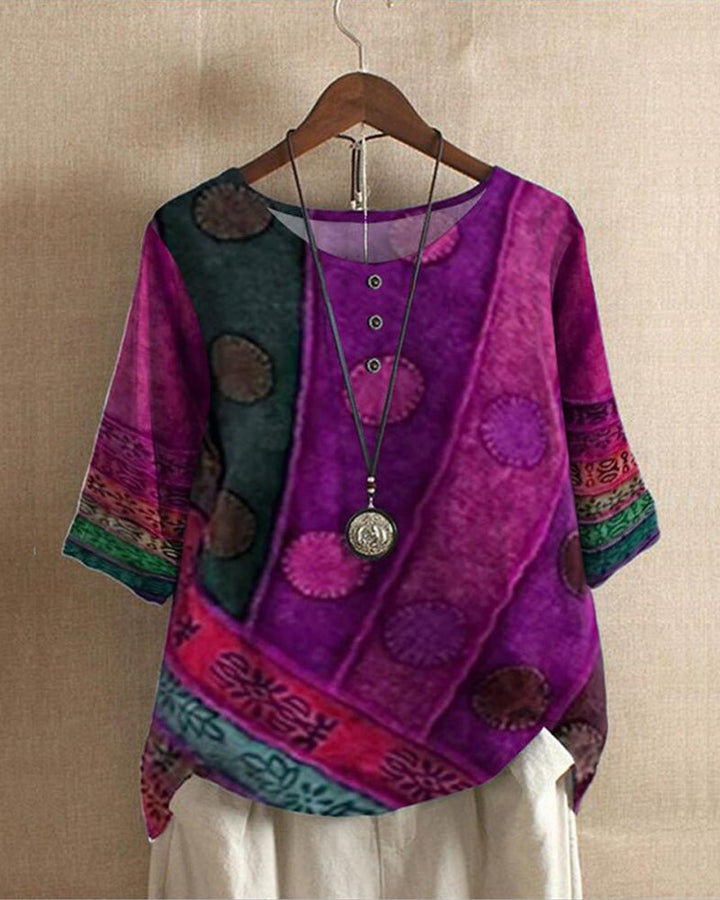 Blusa casual de mujer, estilo bohemio retro holgado. Estampado vibrante y diseño asimétrico, ideal para verano.