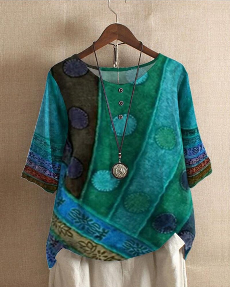 Blusa de verano bohemia holgada, estilo retro para mujer. Estampado colorido y fresco, moda casual.