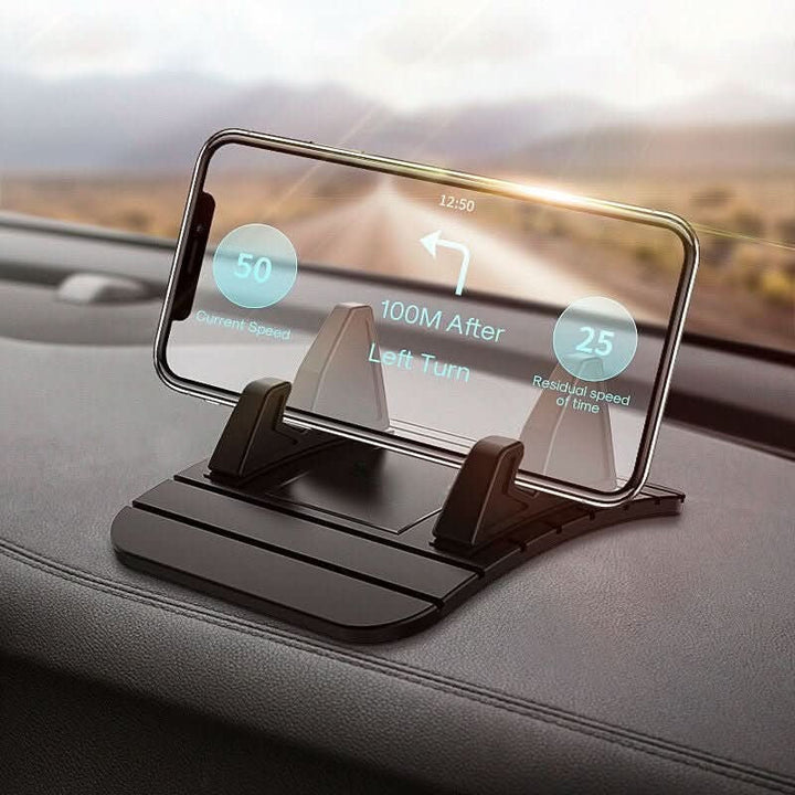 Soporte universal antideslizante para smartphone en salpicadero de coche, ideal para navegación segura.