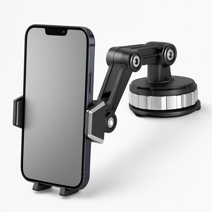 Soporte universal para teléfono de coche con ventosa ajustable para uso manos libres y navegación segura.