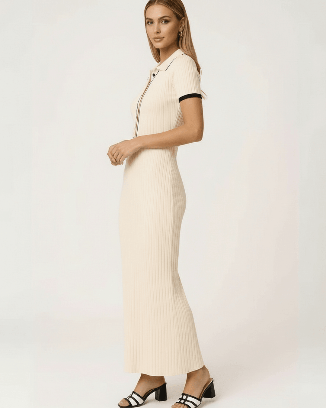 Vestido maxi beige con botones y cuello solapa. Tendencia en ropa de mujer, versátil para cualquier ocasión.