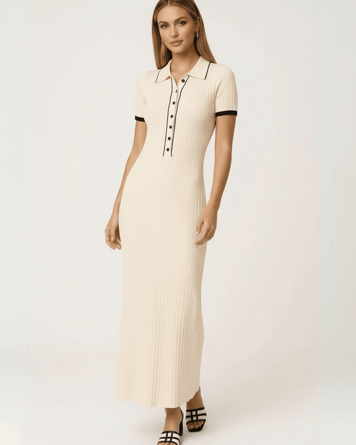 Vestido largo beige de mujer, estilo casual o formal. Maxi Sorrento con botones, perfecto para cóctel.