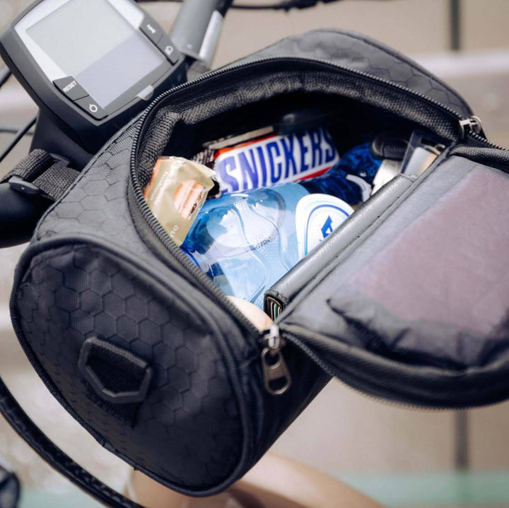 Bolsa manillar amarilla para bicicleta, impermeable, con soporte táctil para móvil y almacenamiento seguro.