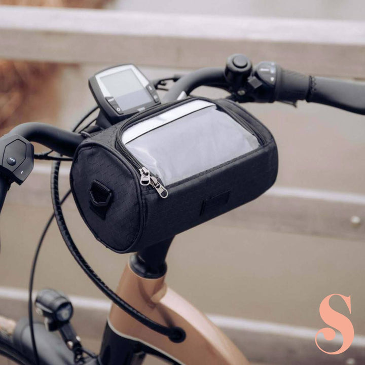 Bolsa bicicleta universal negra con pantalla táctil, impermeable para móvil y accesorios ciclismo.