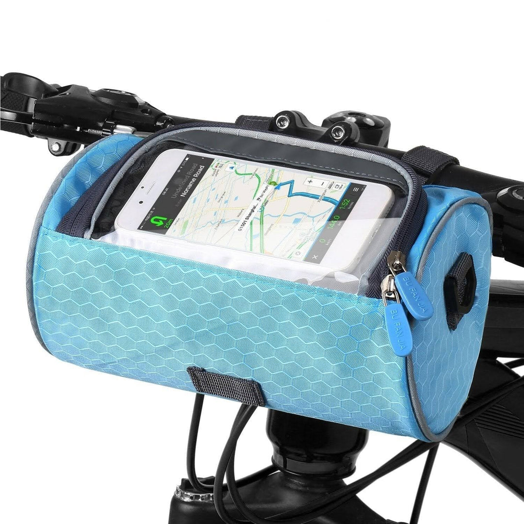 Bolsa manillar universal negra, impermeable, con soporte para smartphone y pantalla táctil para ciclismo.