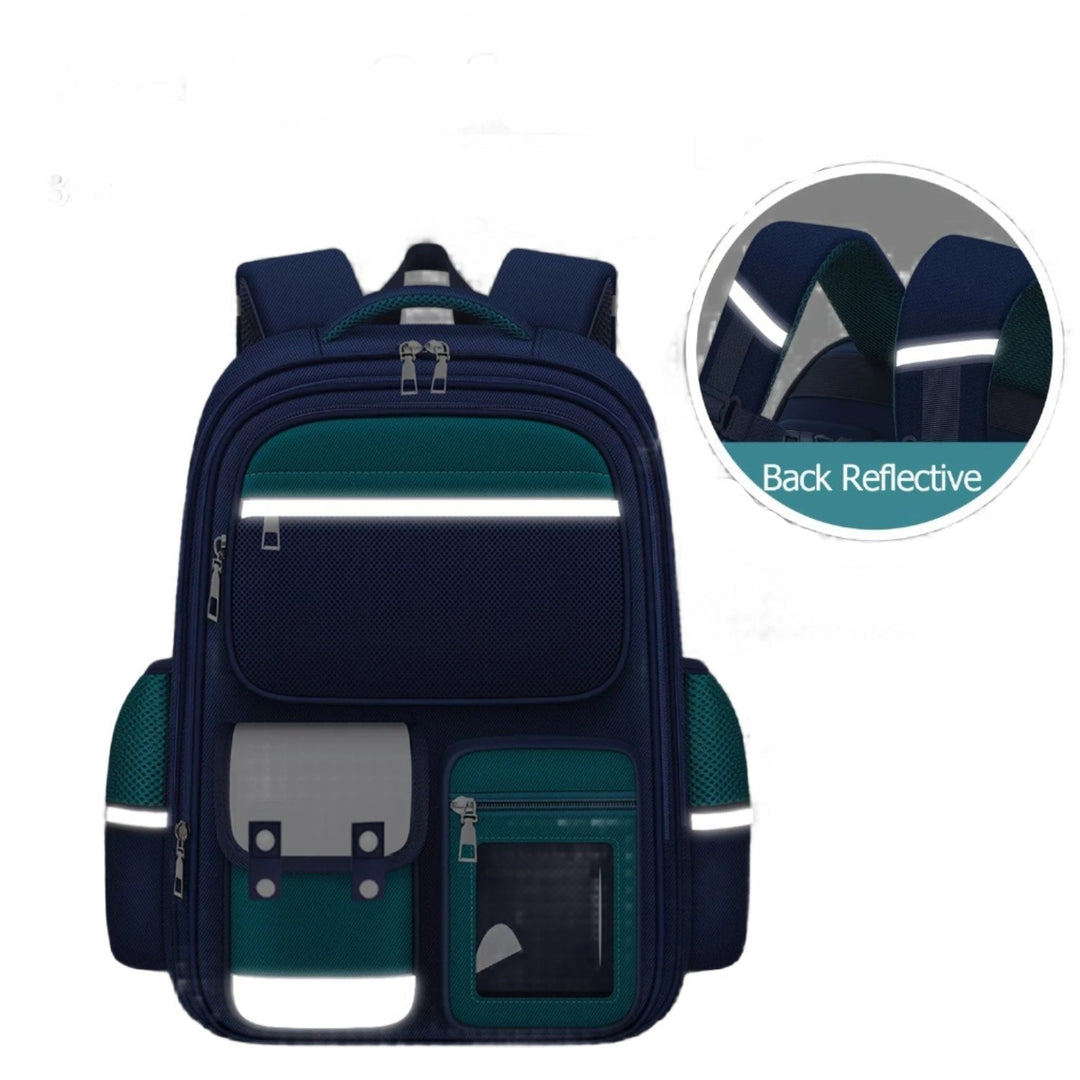 Mochila infantil azul vibrante, impermeable, con compartimentos espaciosos para libros.