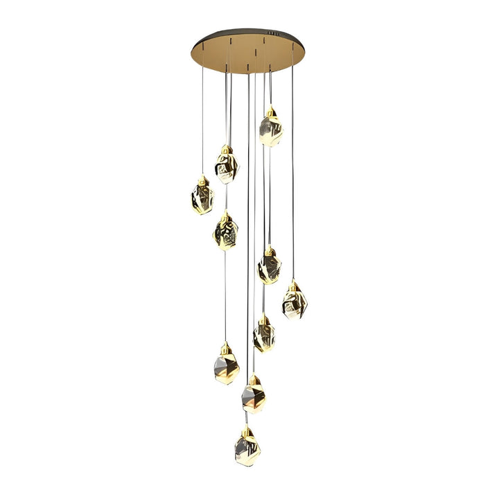 Decoración de lujo con lámpara colgante espiral. Cristal dorado para un hogar moderno.