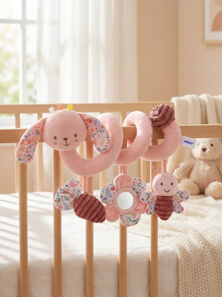 Móvil espiral sensorial para cuna, con elefante rosa y conejo. Desarrollo y estimulación del bebé.