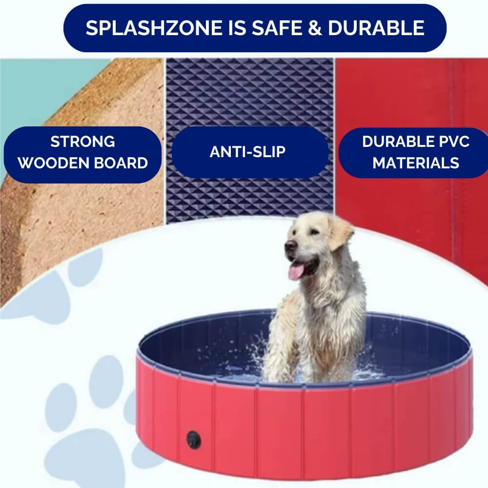 Piscina plegable azul para perros, ideal para diversión refrescante de mascotas en el jardín o patio durante el verano.