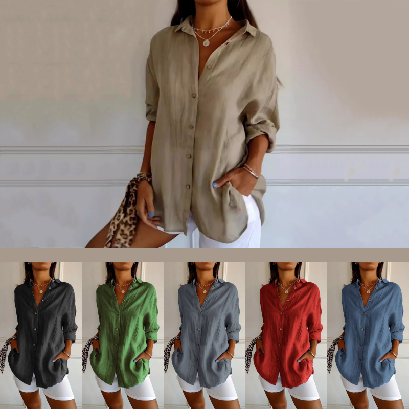 Camisa de mujer corte relajado, transpirable y cómoda. Estilo clásico casual, ideal para uso diario en oficina.