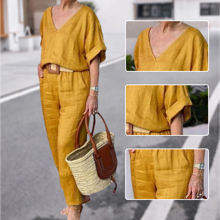 Mujer luciendo conjunto casual de dos piezas, ideal para la comodidad diaria y el estilo moderno de verano.