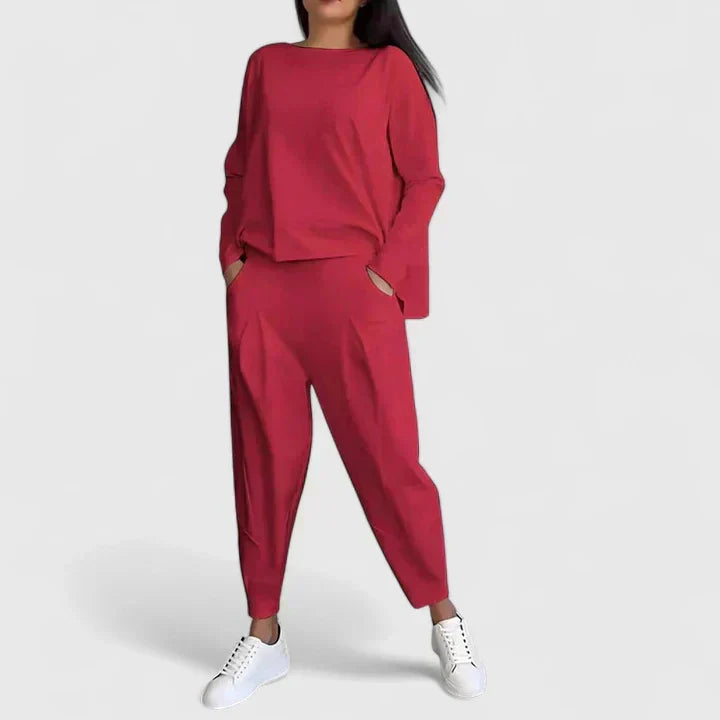 Conjunto de dos piezas para mujer, blusa cómoda y pantalón chic, estilo moderno, ideal para primavera.