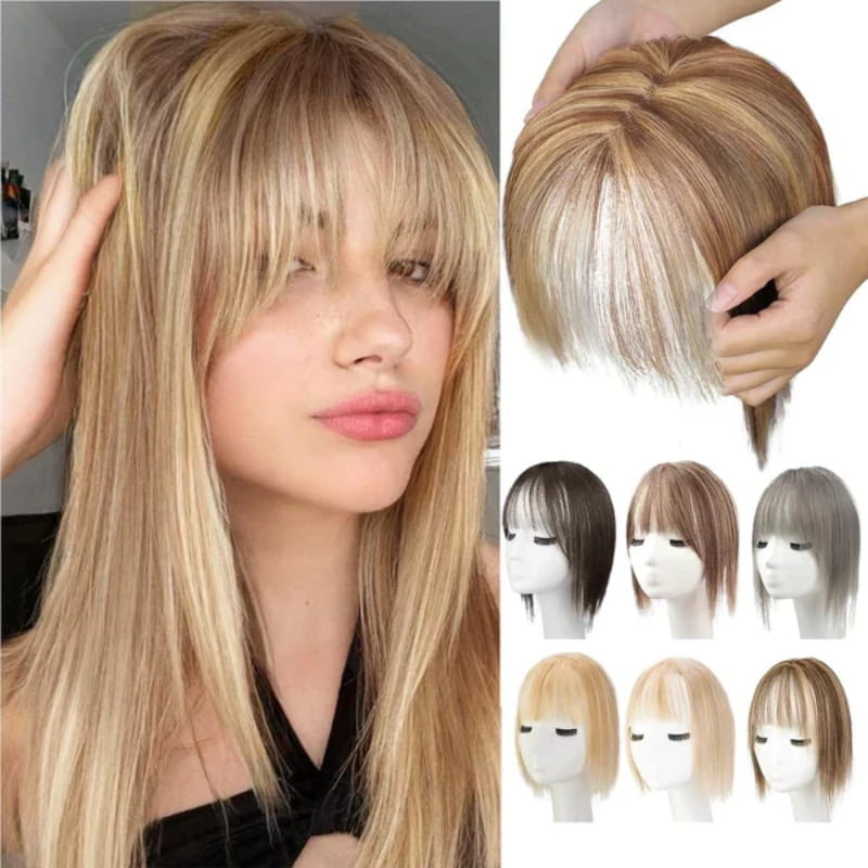 Ángulo frontal de extensión de cabello con flequillo natural para mujeres, look auténtico.