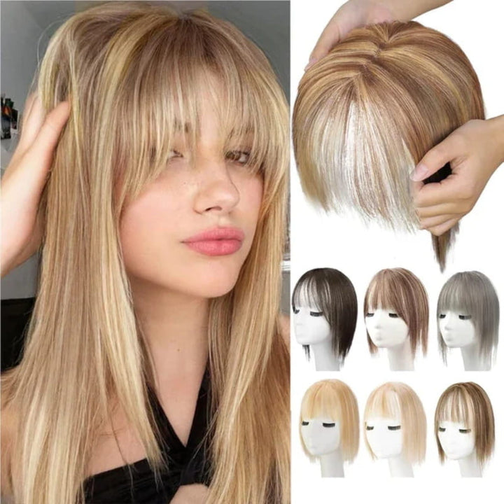 Ángulo frontal de extensión de cabello con flequillo natural para mujeres, look auténtico.
