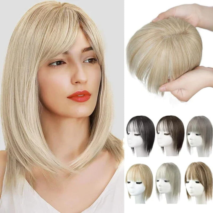 Extensiones de cabello con flequillo natural y largo versátil para mujeres, diferentes estilos.